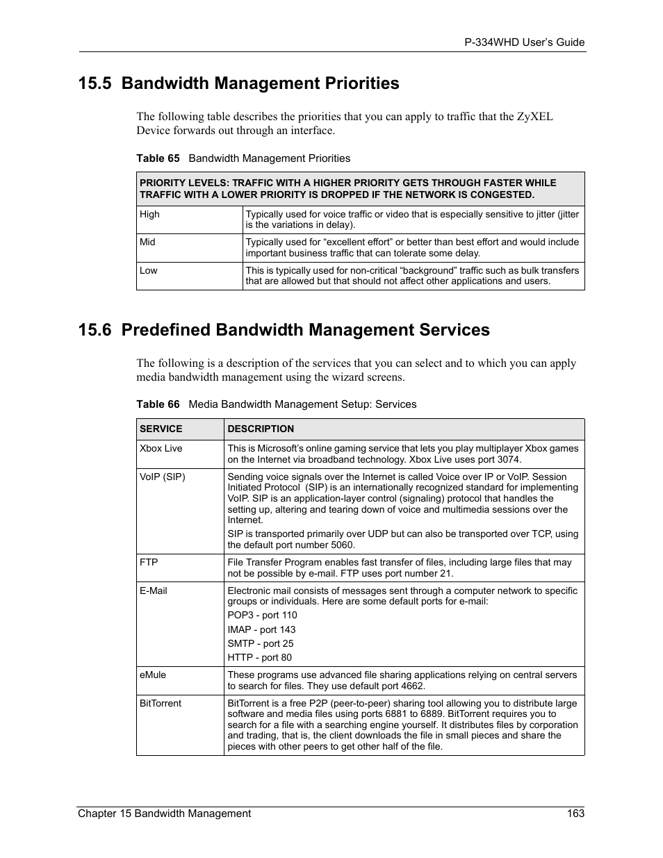 5 bandwidth management priorities, 6 predefined bandwidth management services | ZyXEL Communications P-334WHD User Manual | Page 163 / 300
