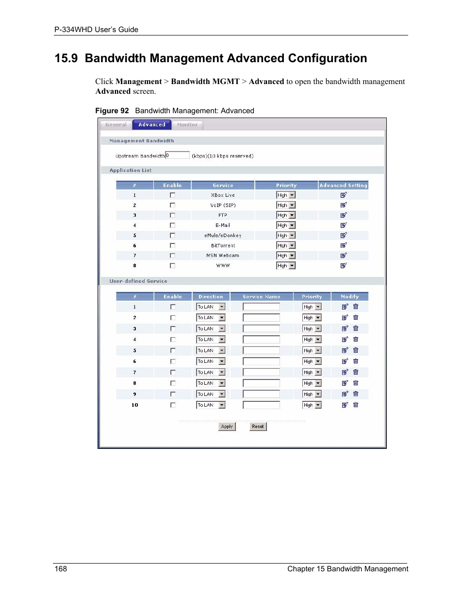 9 bandwidth management advanced configuration, Figure 92 bandwidth management: advanced | ZyXEL Communications P-334WHD User Manual | Page 168 / 300