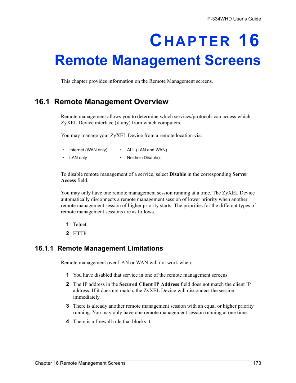 Remote management screens, 1 remote management overview, 1 remote management limitations | Chapter 16 remote management screens | ZyXEL Communications P-334WHD User Manual | Page 173 / 300