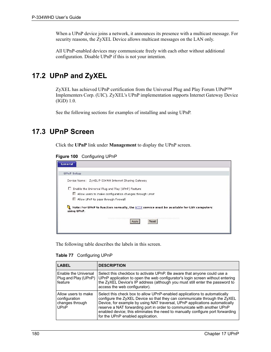 2 upnp and zyxel, 3 upnp screen, 2 upnp and zyxel 17.3 upnp screen | Figure 100 configuring upnp, Table 77 configuring upnp | ZyXEL Communications P-334WHD User Manual | Page 180 / 300