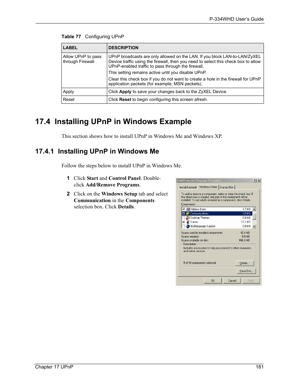 4 installing upnp in windows example, 1 installing upnp in windows me | ZyXEL Communications P-334WHD User Manual | Page 181 / 300
