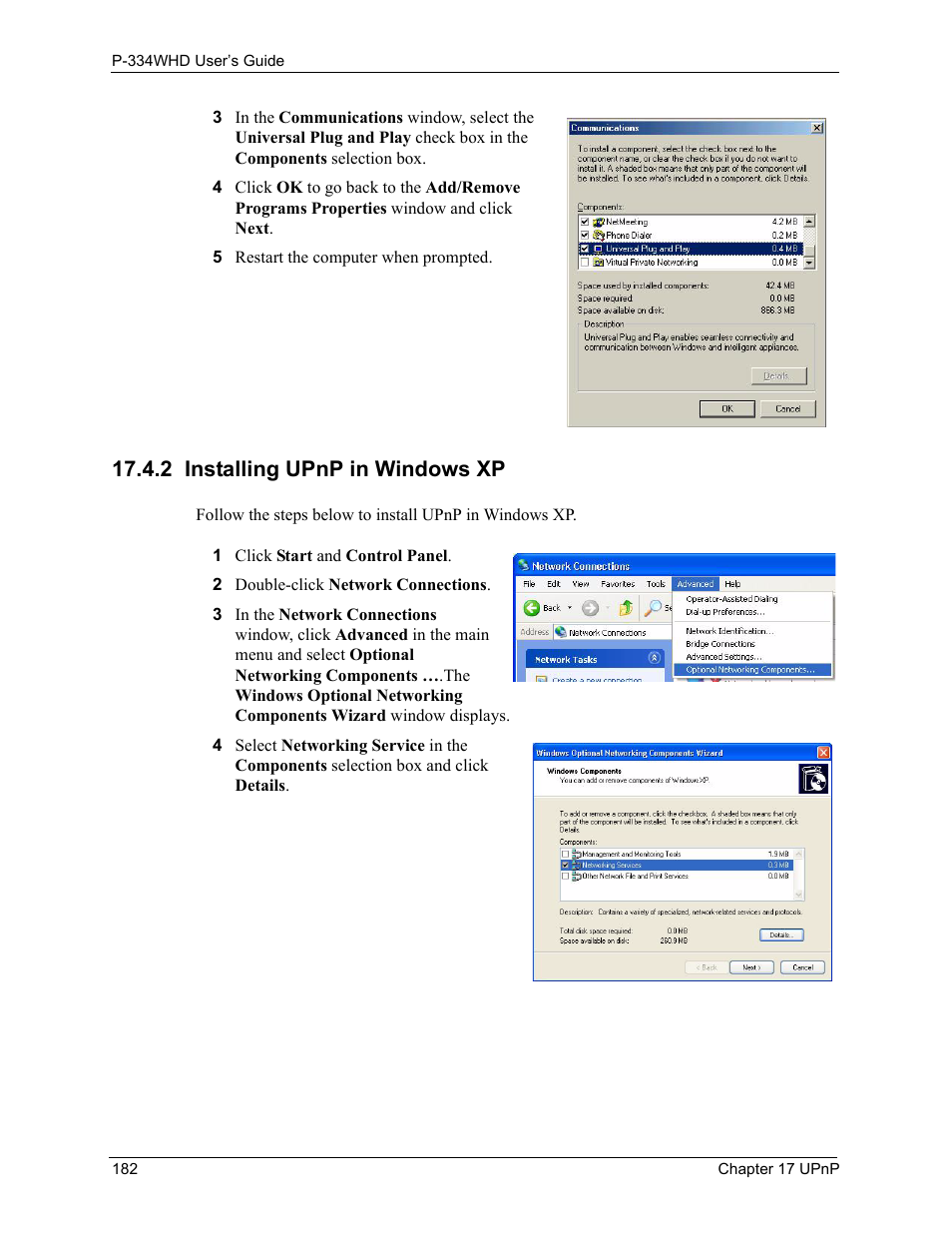 2 installing upnp in windows xp | ZyXEL Communications P-334WHD User Manual | Page 182 / 300