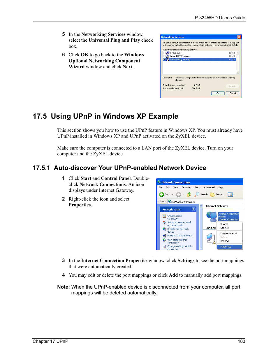 5 using upnp in windows xp example, 1 auto-discover your upnp-enabled network device | ZyXEL Communications P-334WHD User Manual | Page 183 / 300