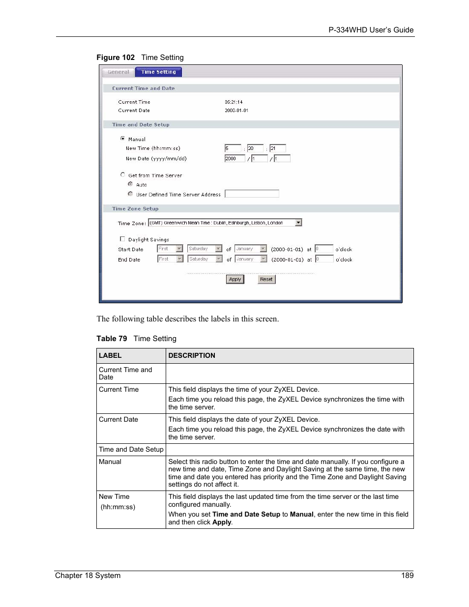 Figure 102 time setting, Table 79 time setting | ZyXEL Communications P-334WHD User Manual | Page 189 / 300