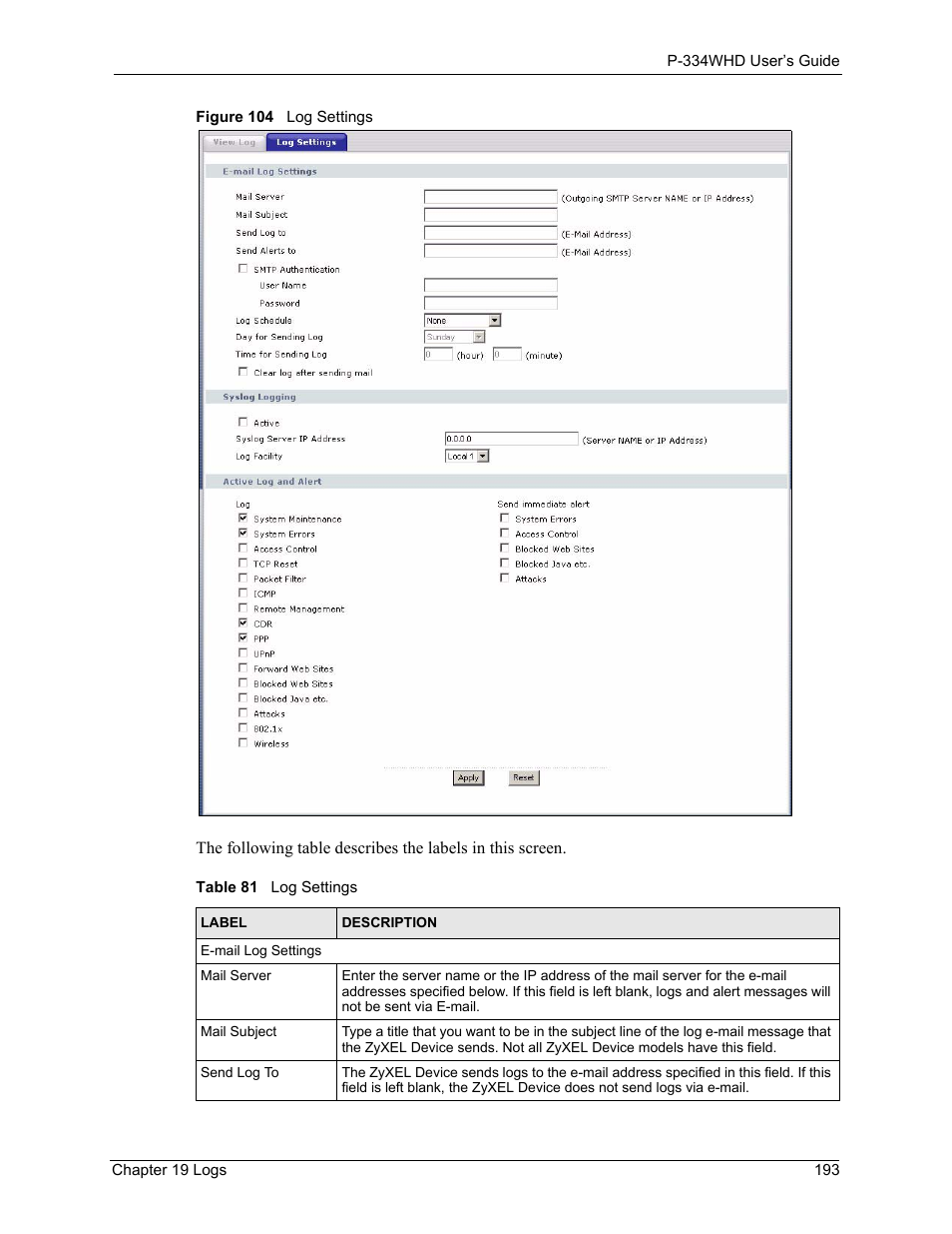 Figure 104 log settings, Table 81 log settings | ZyXEL Communications P-334WHD User Manual | Page 193 / 300