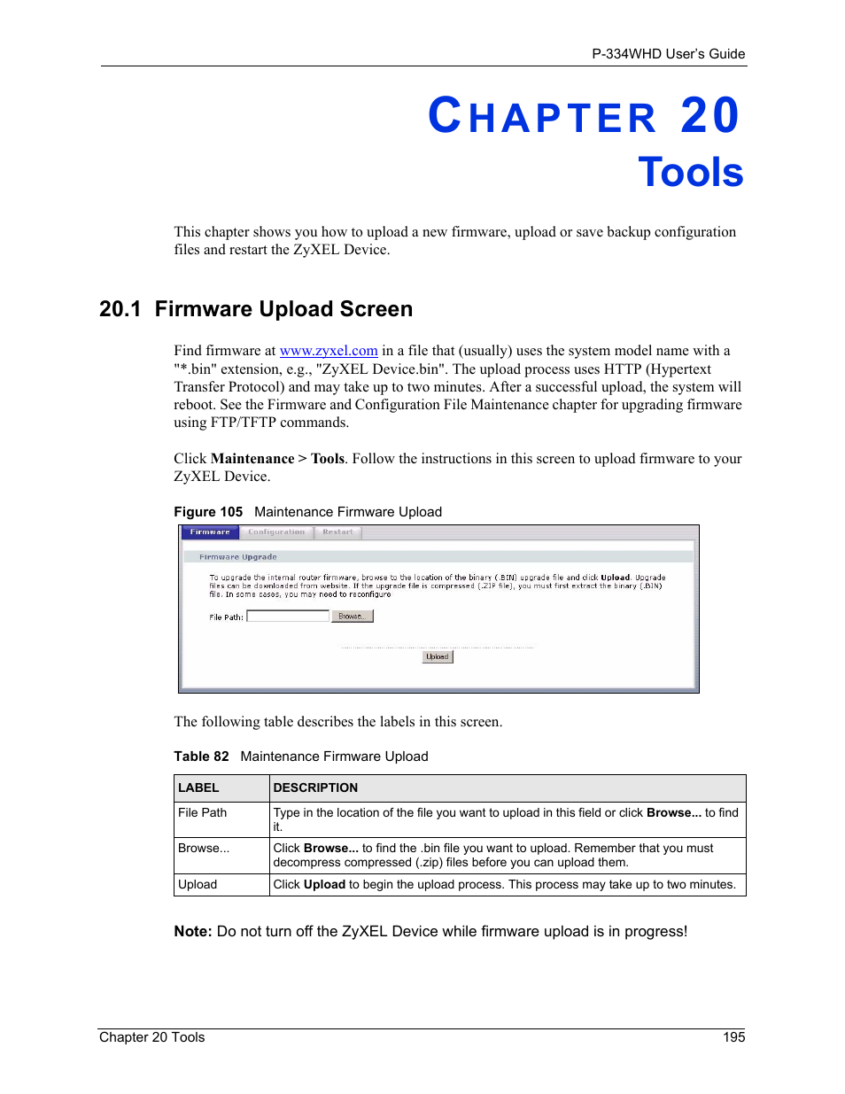 Tools, 1 firmware upload screen, Chapter 20 tools | Figure 105 maintenance firmware upload, Table 82 maintenance firmware upload | ZyXEL Communications P-334WHD User Manual | Page 195 / 300