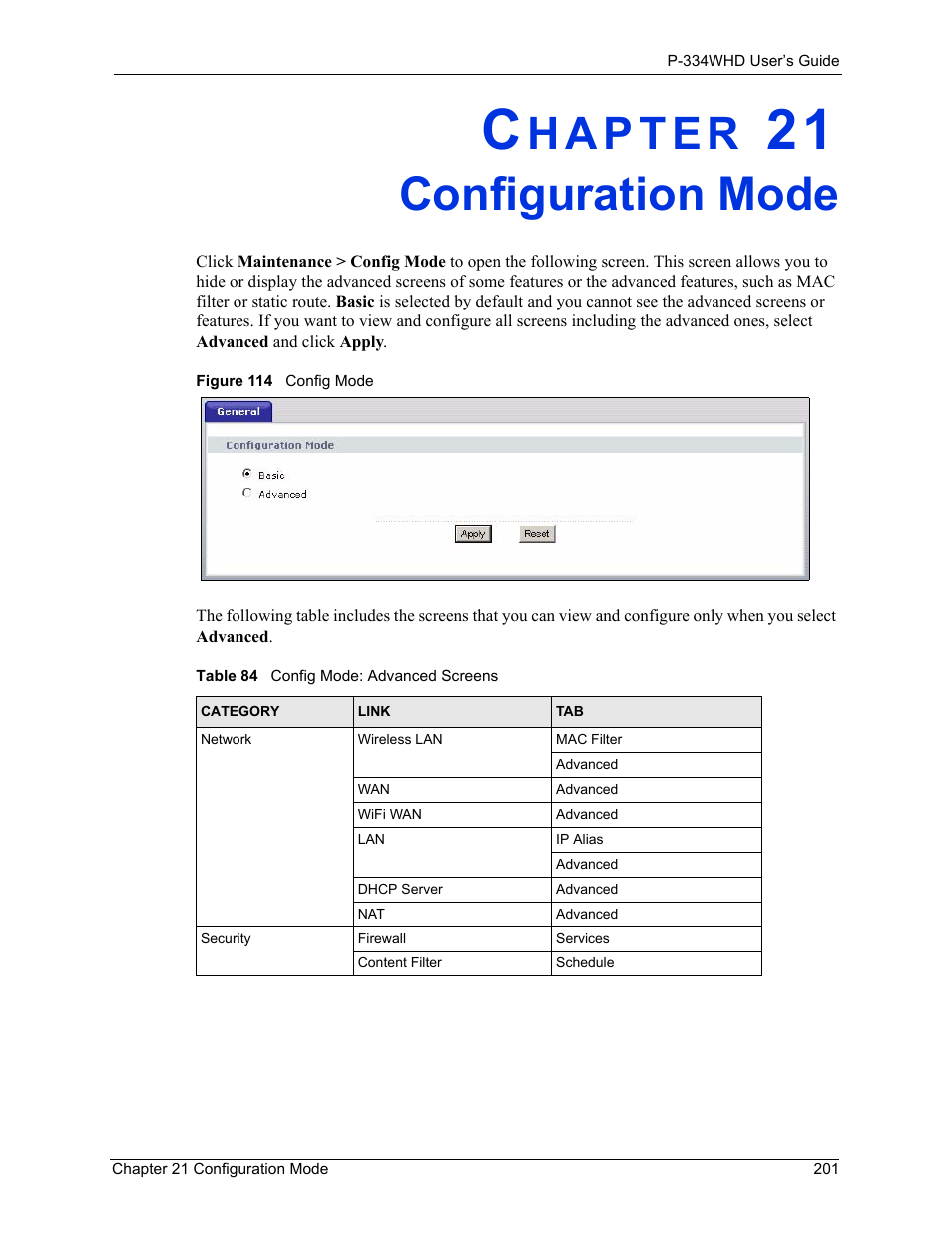 Configuration mode, Chapter 21 configuration mode, Figure 114 config mode | Table 84 config mode: advanced screens | ZyXEL Communications P-334WHD User Manual | Page 201 / 300
