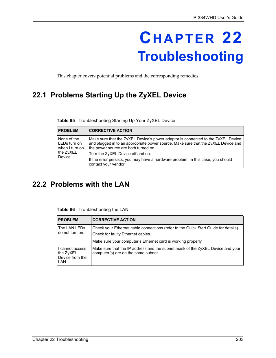 Troubleshooting, 1 problems starting up the zyxel device, 2 problems with the lan | Chapter 22 troubleshooting | ZyXEL Communications P-334WHD User Manual | Page 203 / 300