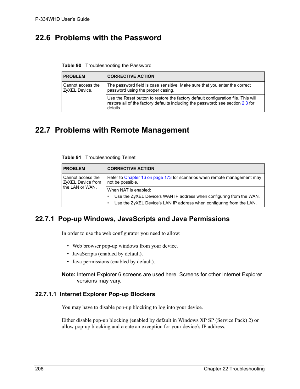 6 problems with the password, 7 problems with remote management, 1 pop-up windows, javascripts and java permissions | 1 internet explorer pop-up blockers | ZyXEL Communications P-334WHD User Manual | Page 206 / 300