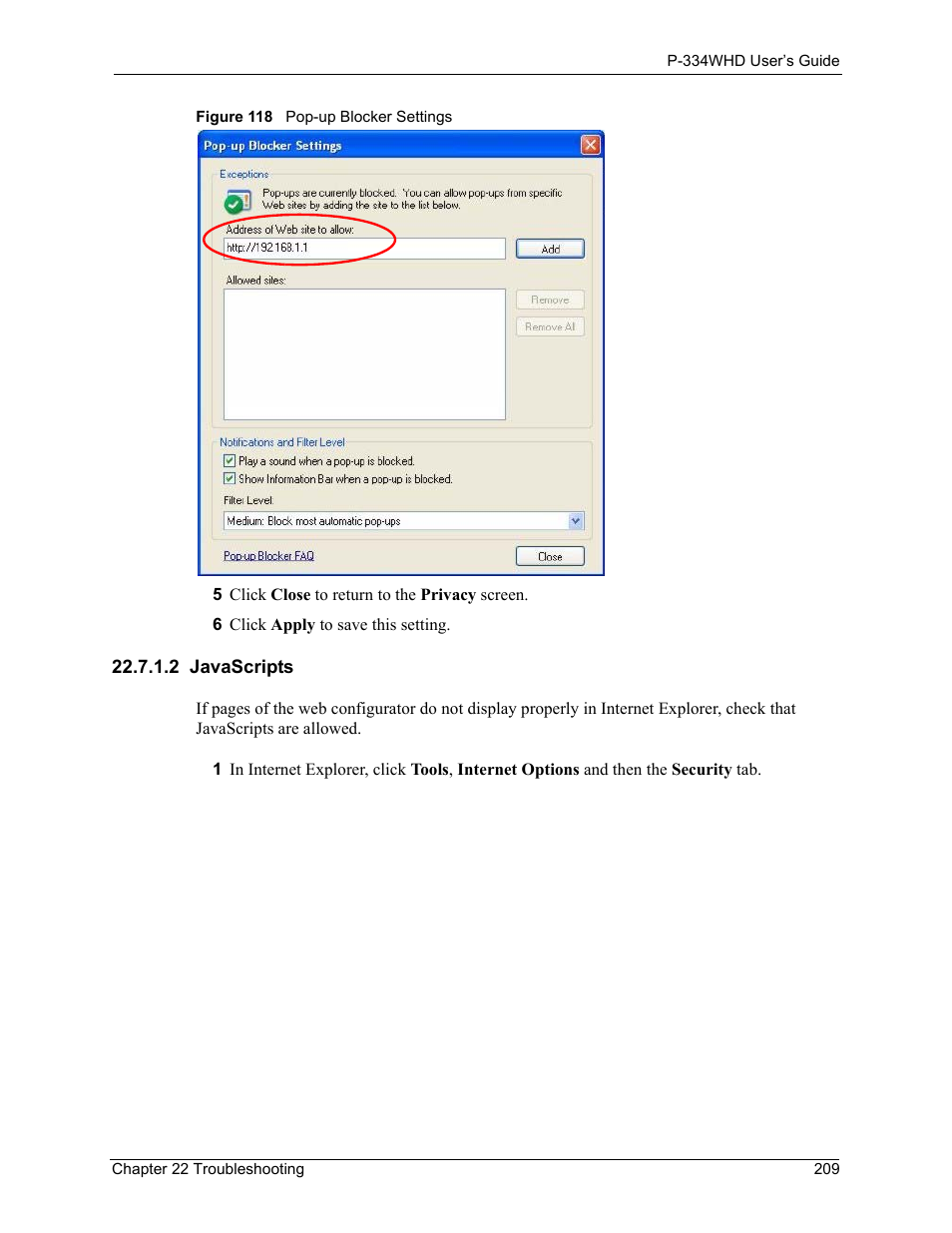 2 javascripts, Figure 118 pop-up blocker settings | ZyXEL Communications P-334WHD User Manual | Page 209 / 300