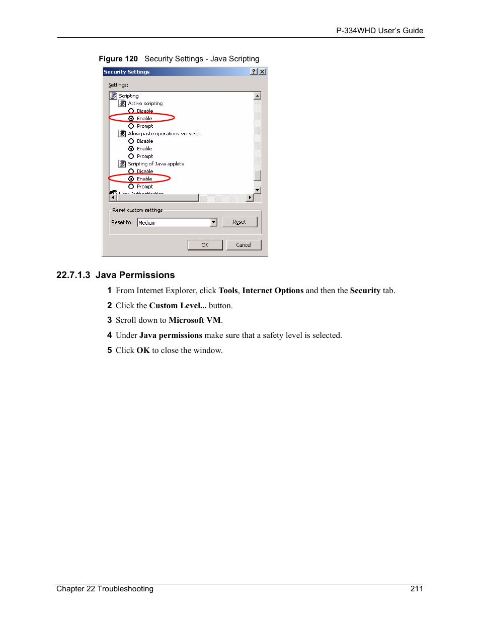 3 java permissions, Figure 120 security settings - java scripting | ZyXEL Communications P-334WHD User Manual | Page 211 / 300