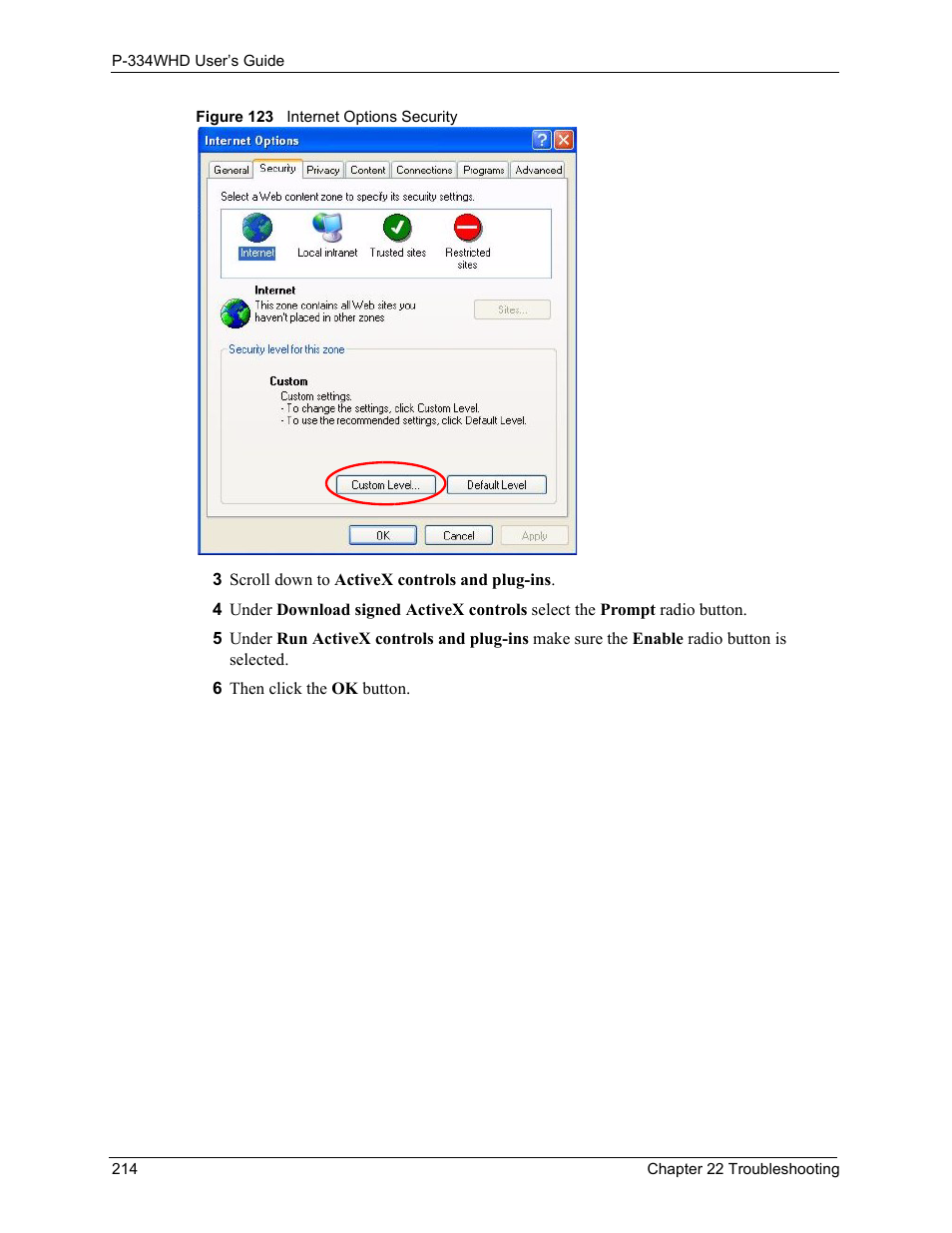 Figure 123 internet options security | ZyXEL Communications P-334WHD User Manual | Page 214 / 300