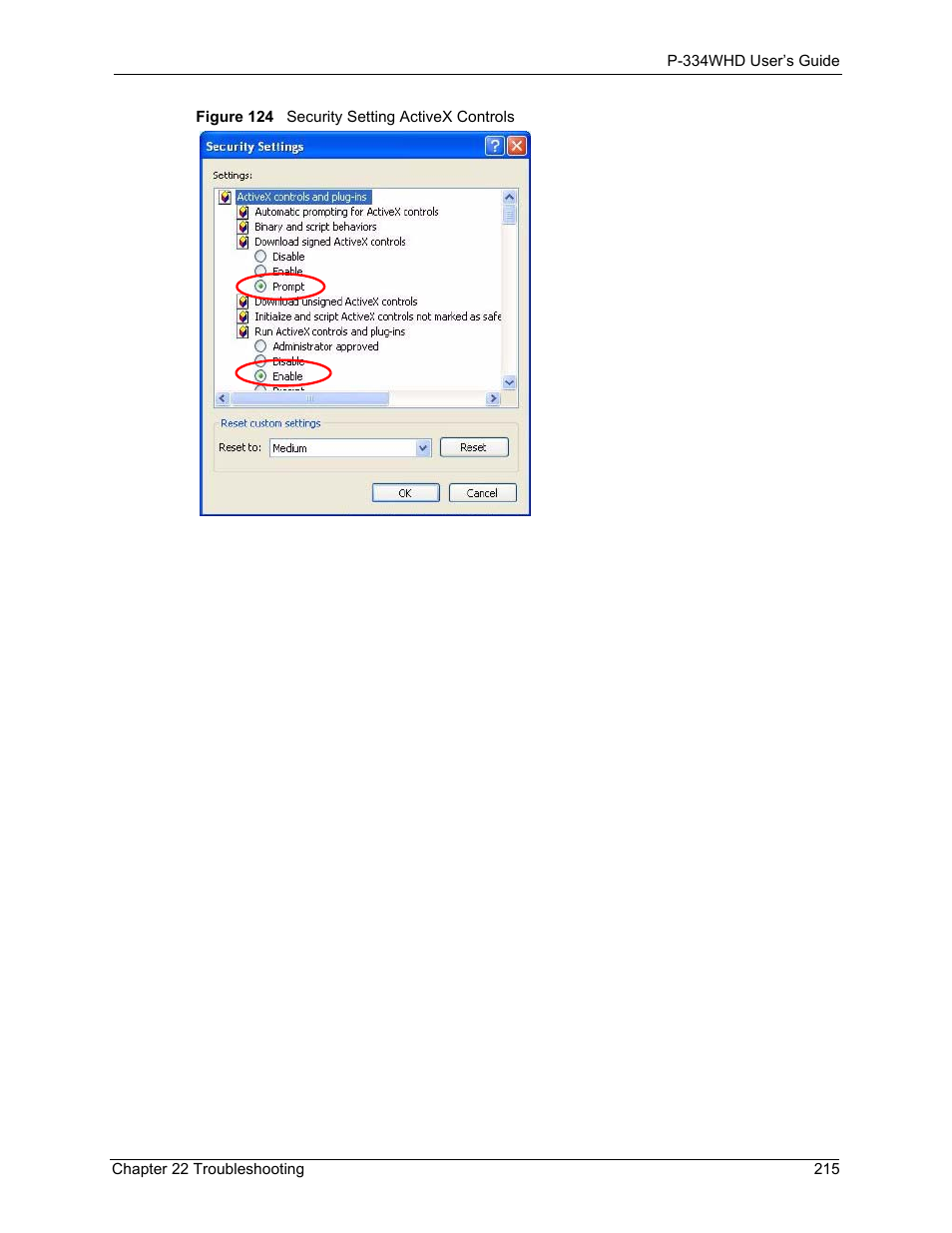 Figure 124 security setting activex controls | ZyXEL Communications P-334WHD User Manual | Page 215 / 300