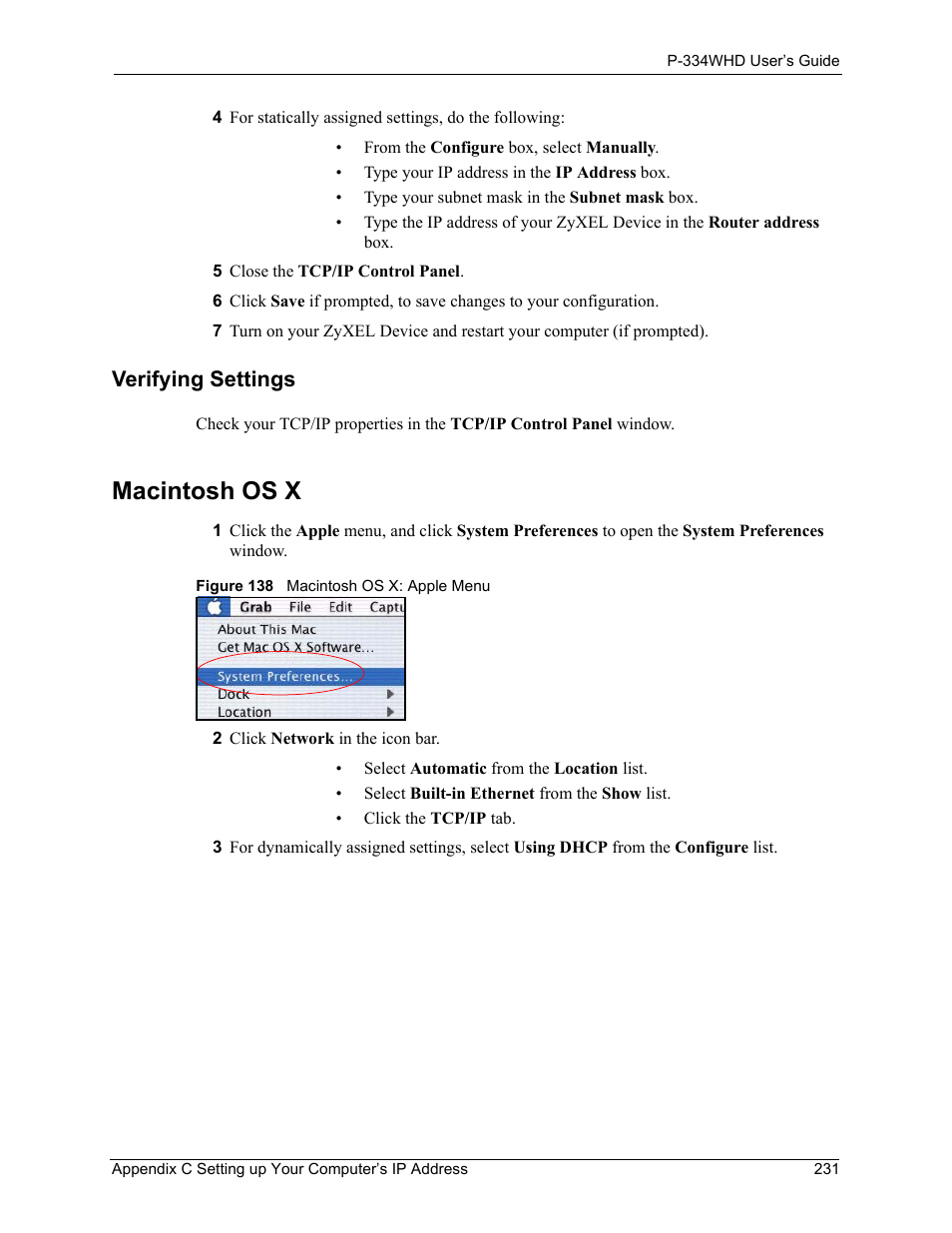 Verifying settings, Macintosh os x, Figure 138 macintosh os x: apple menu | ZyXEL Communications P-334WHD User Manual | Page 231 / 300