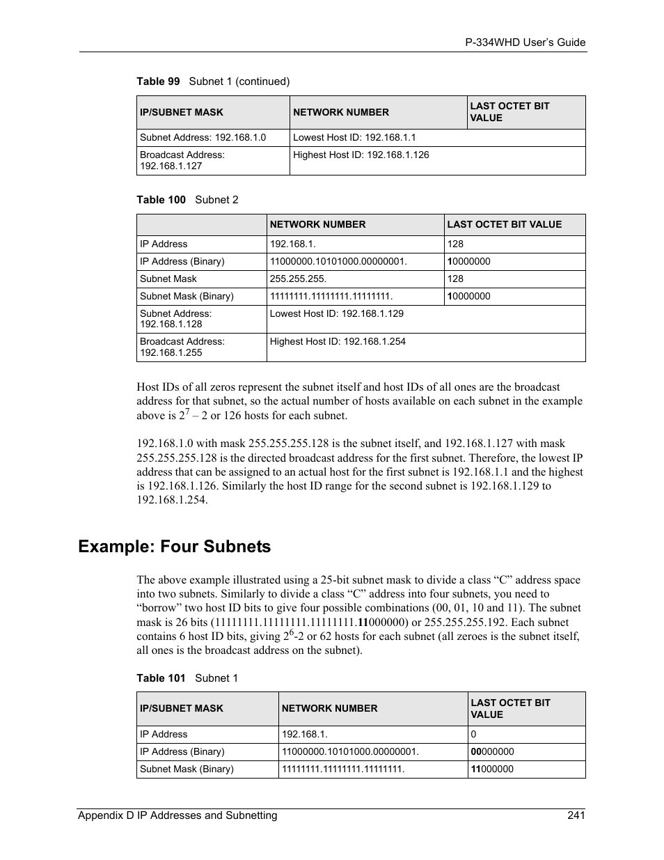 Example: four subnets, Table 100 subnet 2 table 101 subnet 1 | ZyXEL Communications P-334WHD User Manual | Page 241 / 300