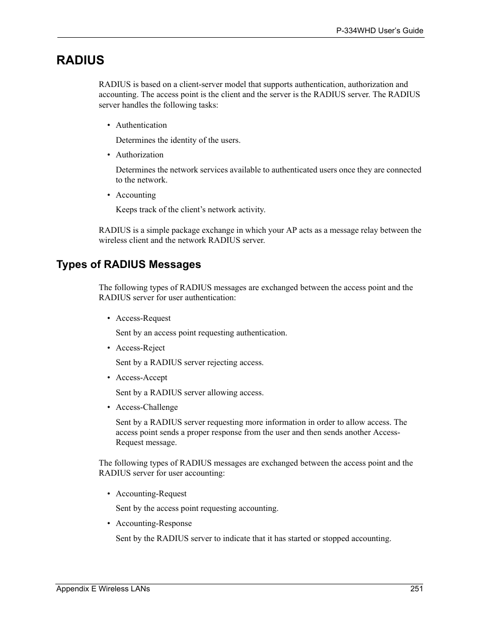 Radius, Types of radius messages | ZyXEL Communications P-334WHD User Manual | Page 251 / 300
