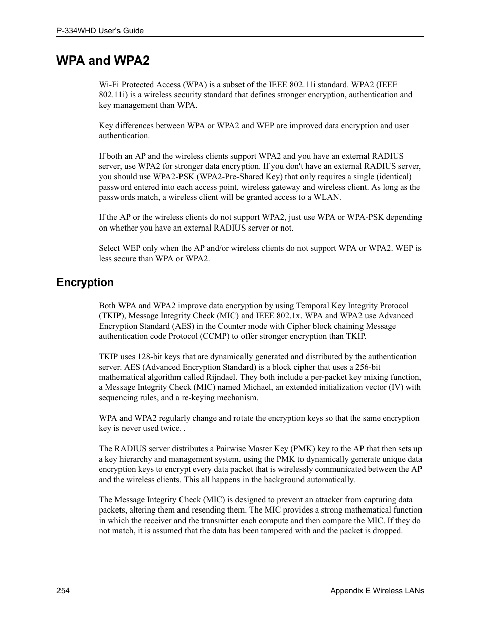 Wpa and wpa2, Encryption | ZyXEL Communications P-334WHD User Manual | Page 254 / 300