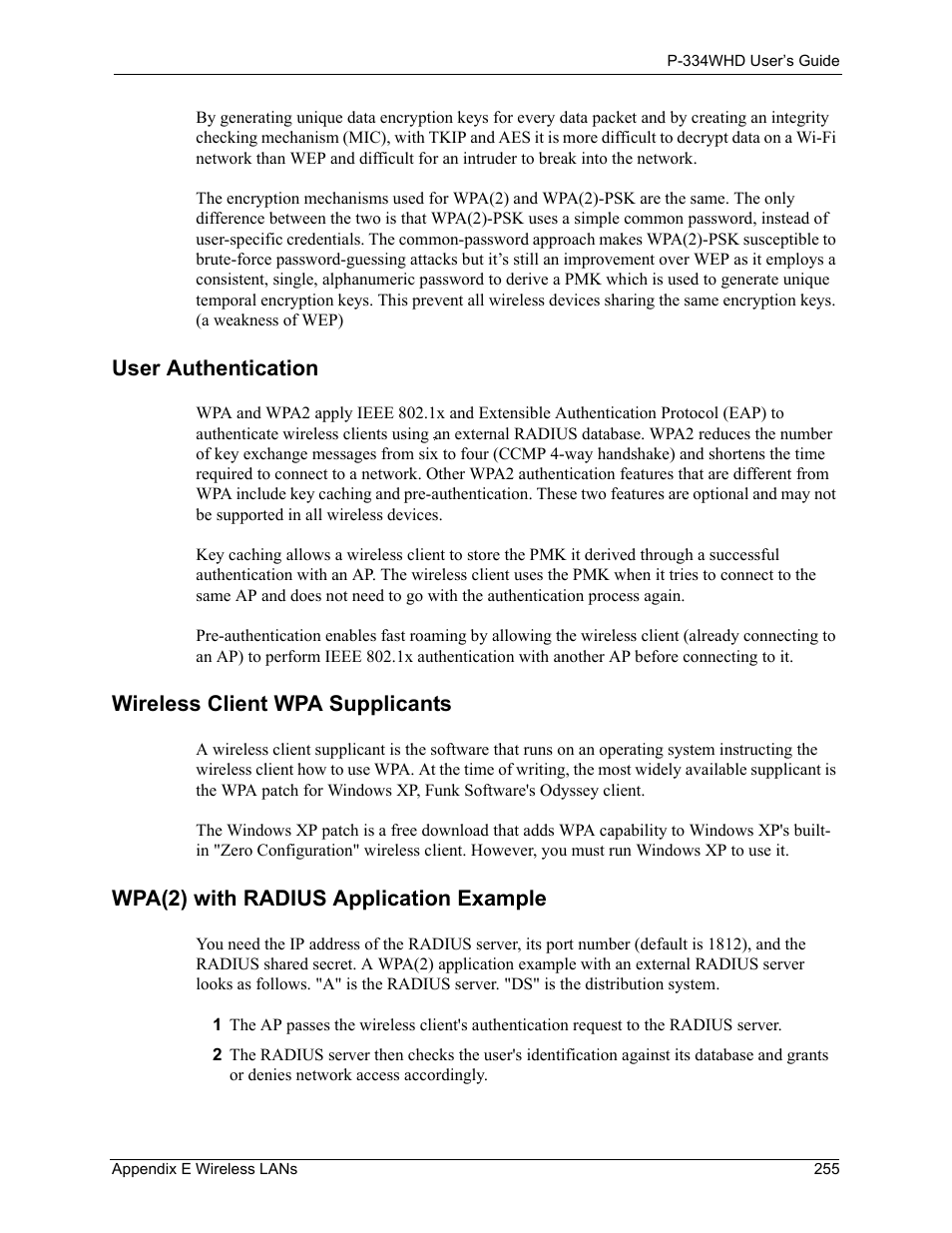User authentication, Wireless client wpa supplicants, Wpa(2) with radius application example | ZyXEL Communications P-334WHD User Manual | Page 255 / 300