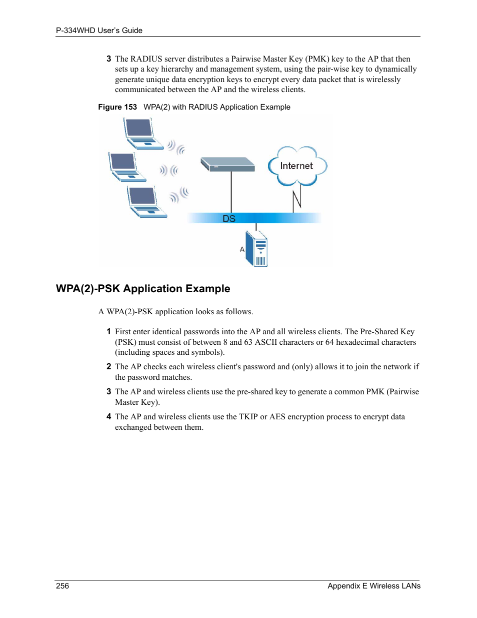 Wpa(2)-psk application example, Figure 153 wpa(2) with radius application example | ZyXEL Communications P-334WHD User Manual | Page 256 / 300