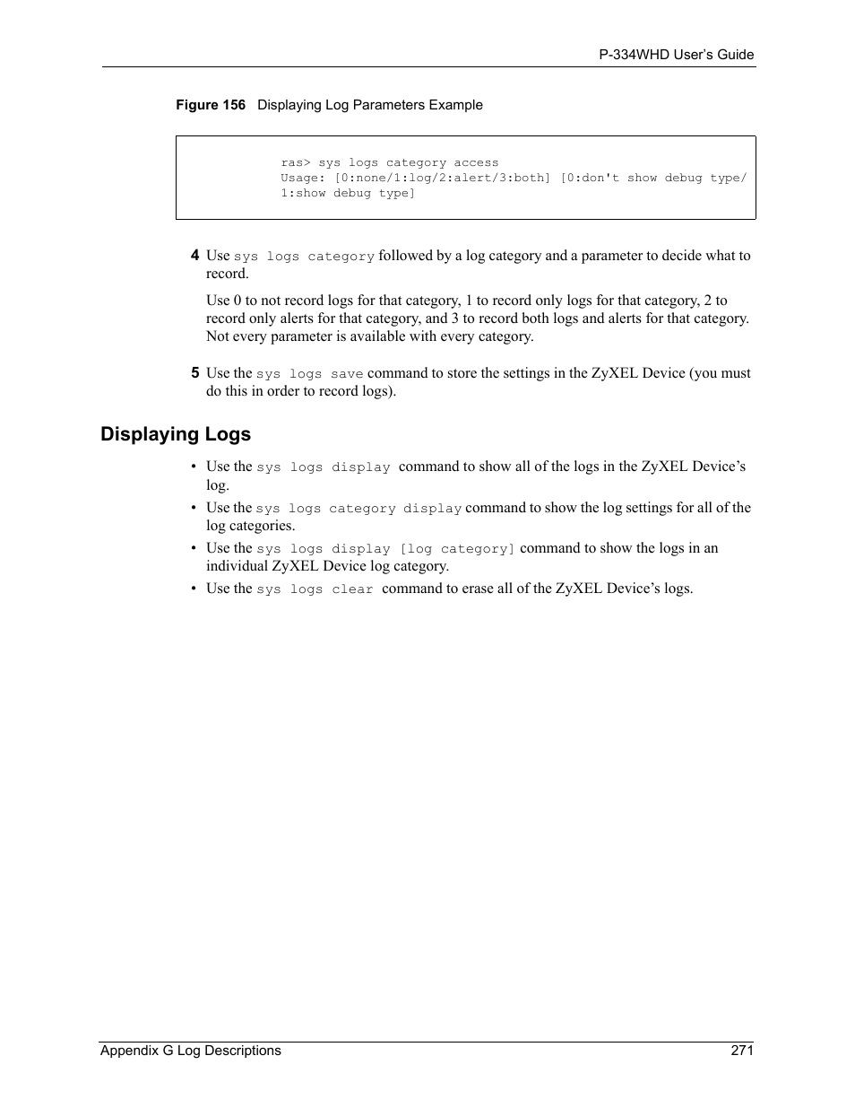 Displaying logs, Figure 156 displaying log parameters example | ZyXEL Communications P-334WHD User Manual | Page 271 / 300