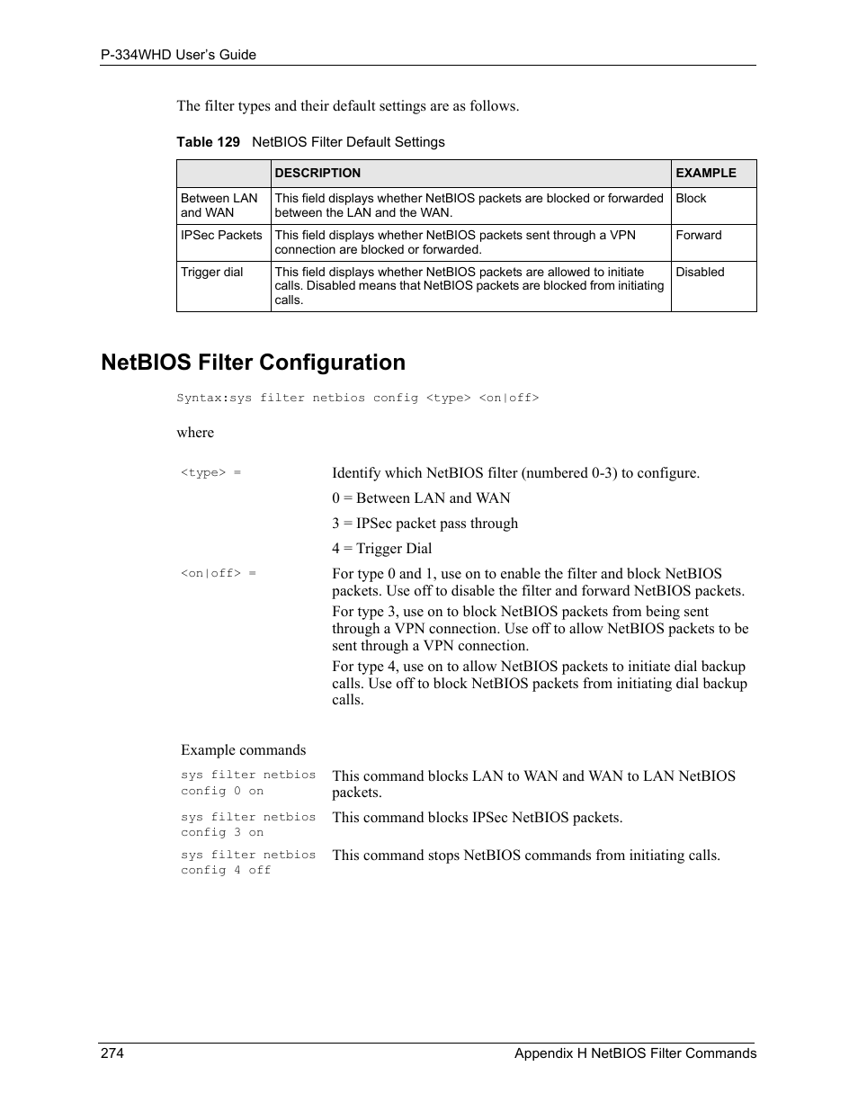 Netbios filter configuration, Table 129 netbios filter default settings | ZyXEL Communications P-334WHD User Manual | Page 274 / 300