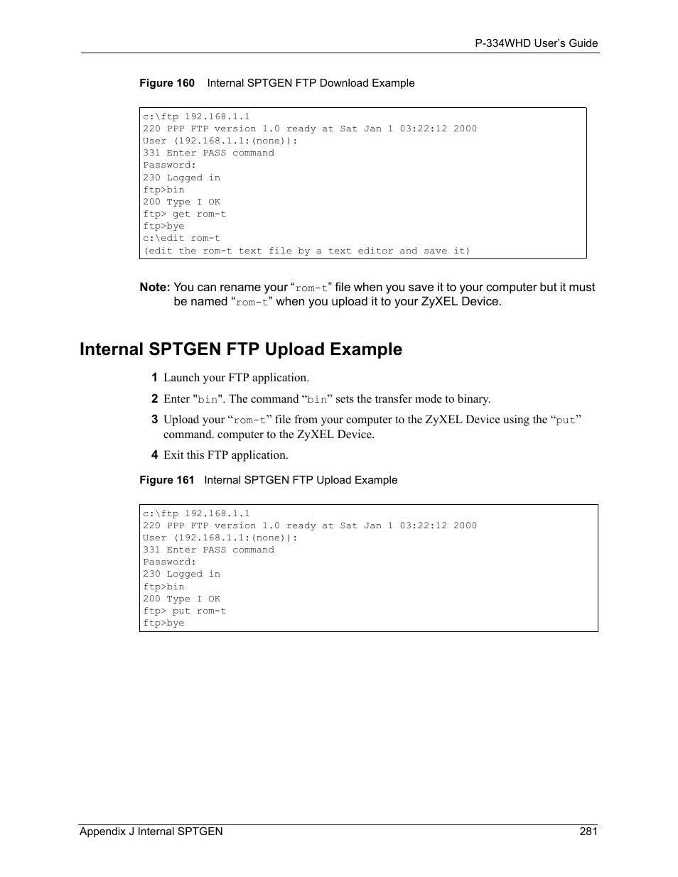 Internal sptgen ftp upload example | ZyXEL Communications P-334WHD User Manual | Page 281 / 300