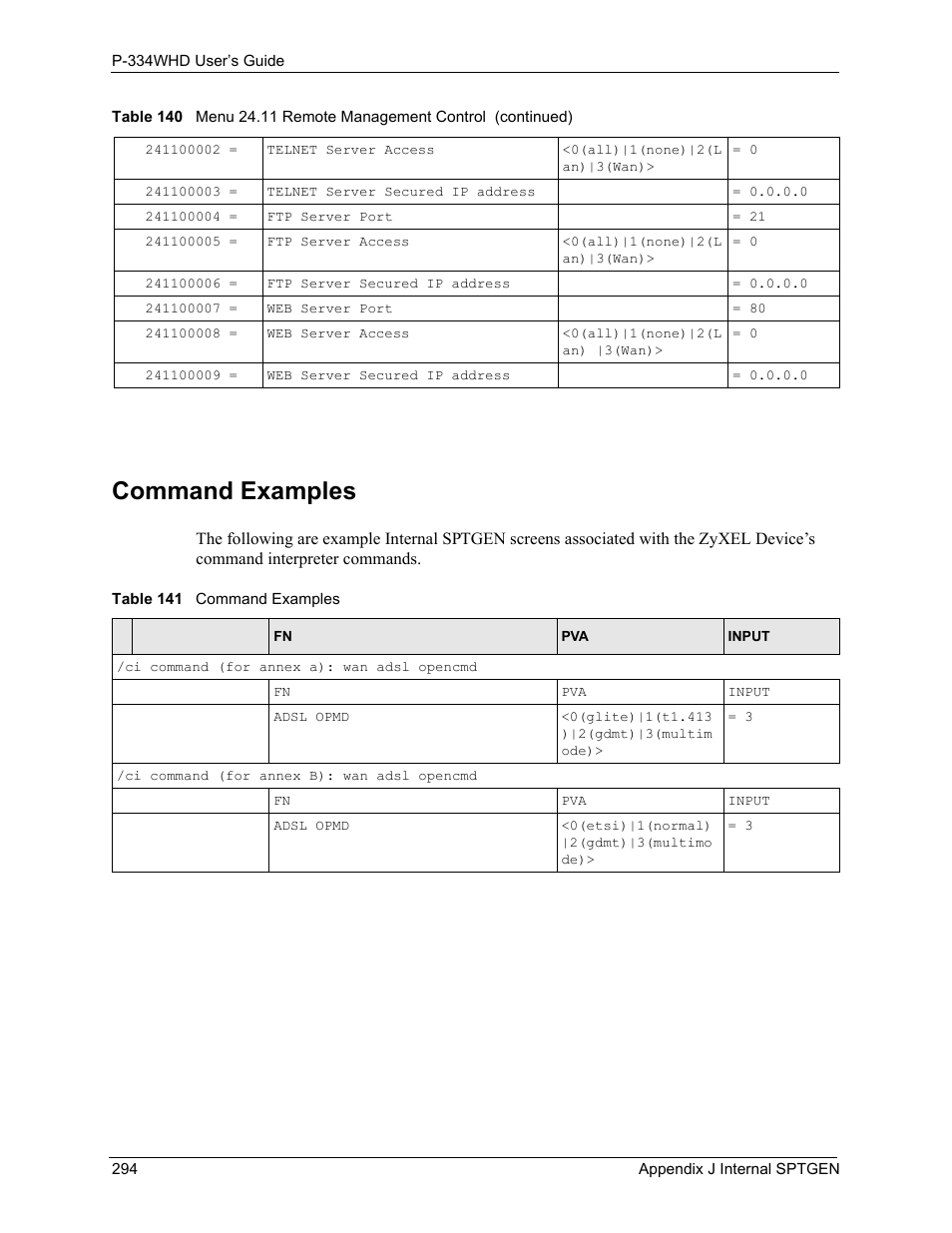 Command examples, Table 141 command examples | ZyXEL Communications P-334WHD User Manual | Page 294 / 300