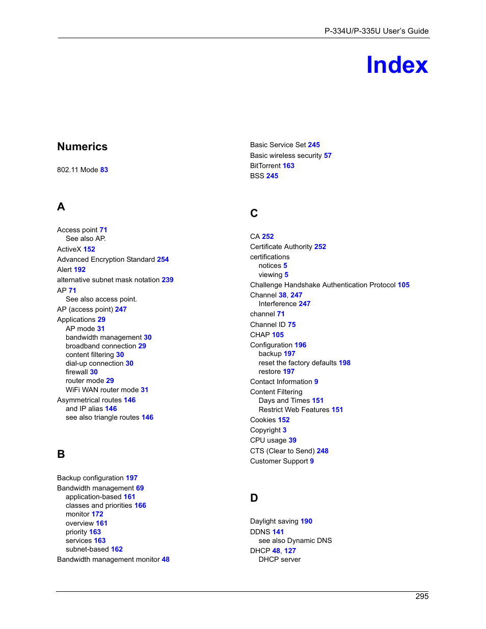 Index, Numerics | ZyXEL Communications P-334WHD User Manual | Page 295 / 300