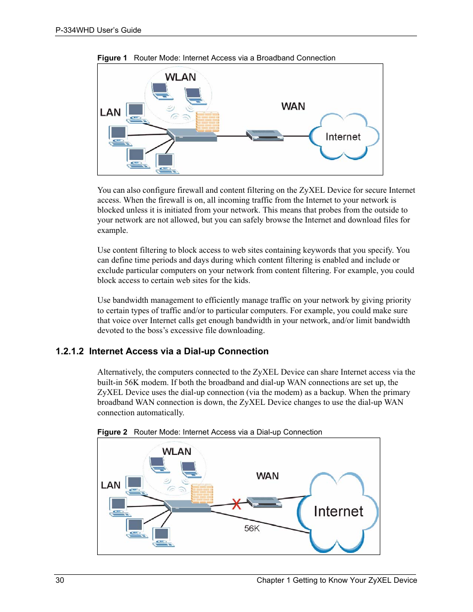 2 internet access via a dial-up connection | ZyXEL Communications P-334WHD User Manual | Page 30 / 300