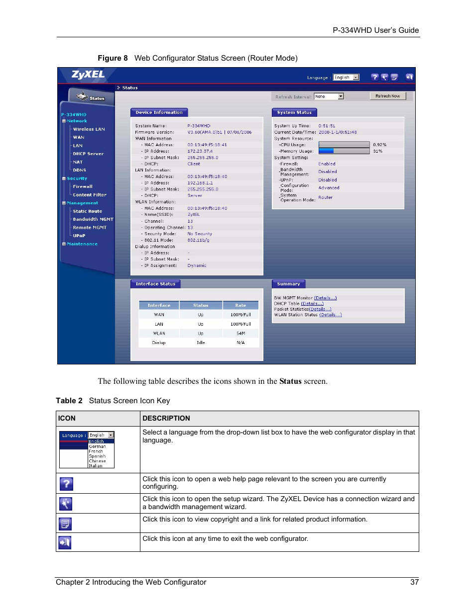Table 2 status screen icon key | ZyXEL Communications P-334WHD User Manual | Page 37 / 300