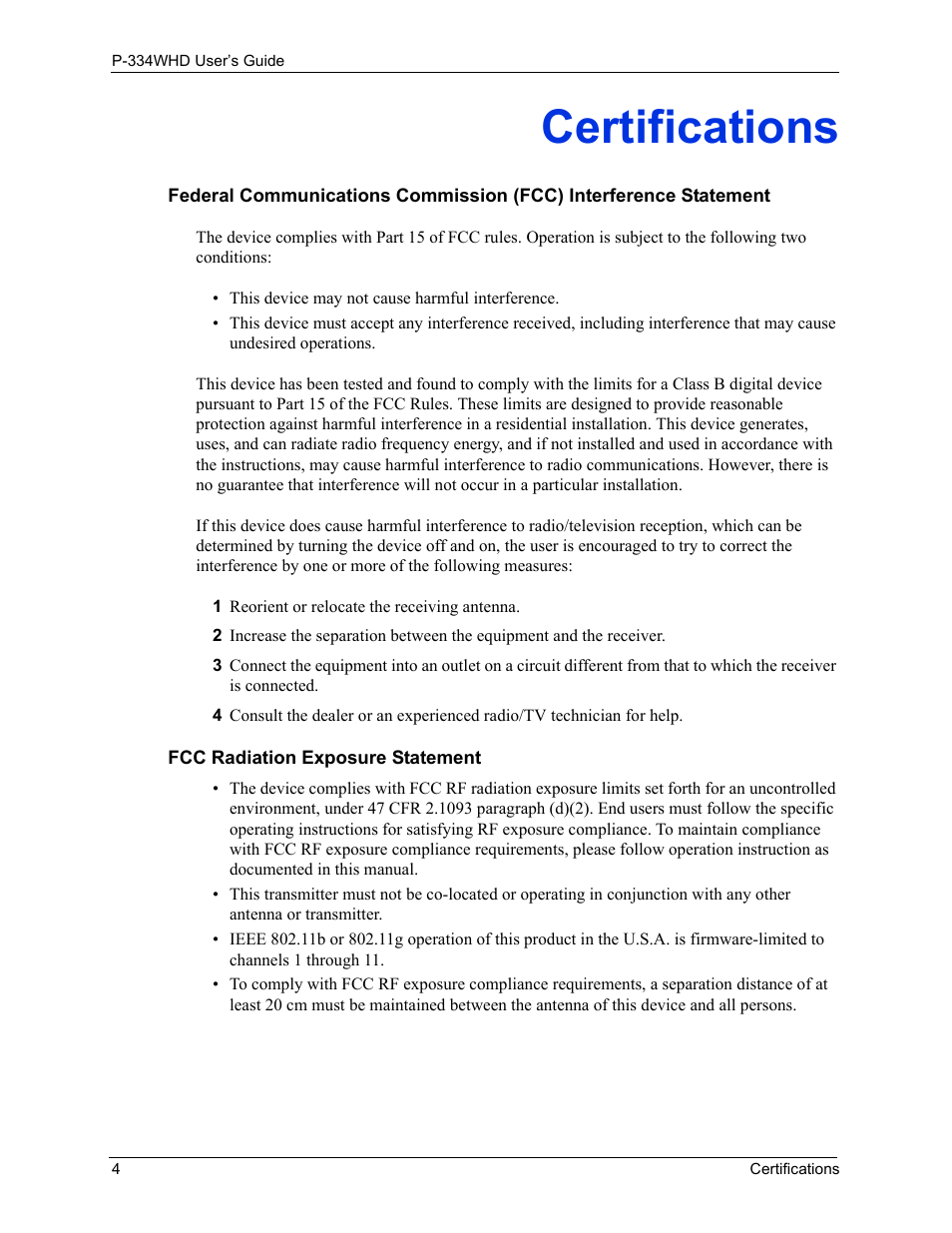 Certifications | ZyXEL Communications P-334WHD User Manual | Page 4 / 300