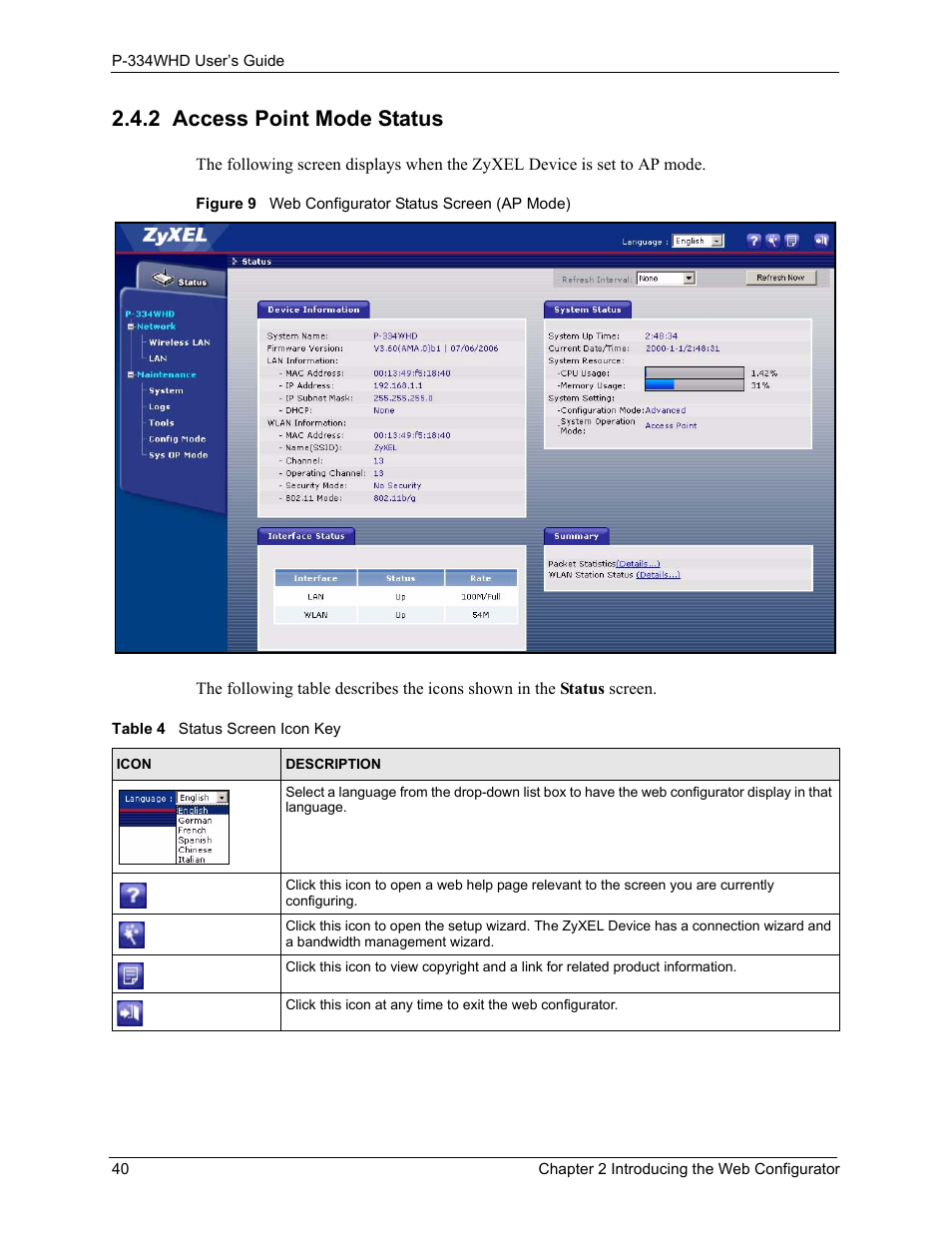 2 access point mode status, Figure 9 web configurator status screen (ap mode), Table 4 status screen icon key | ZyXEL Communications P-334WHD User Manual | Page 40 / 300