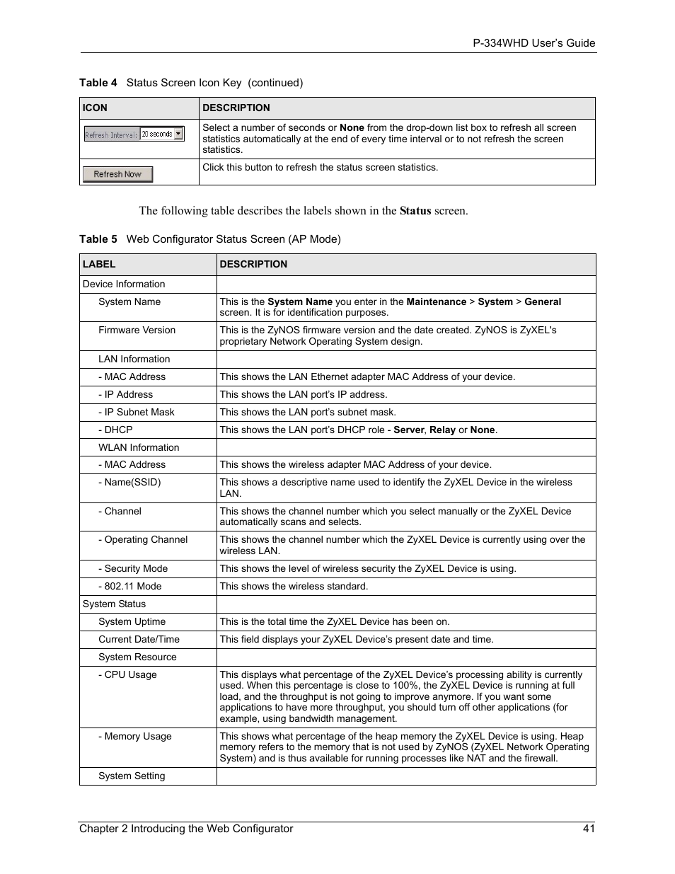 Table 5 web configurator status screen (ap mode) | ZyXEL Communications P-334WHD User Manual | Page 41 / 300