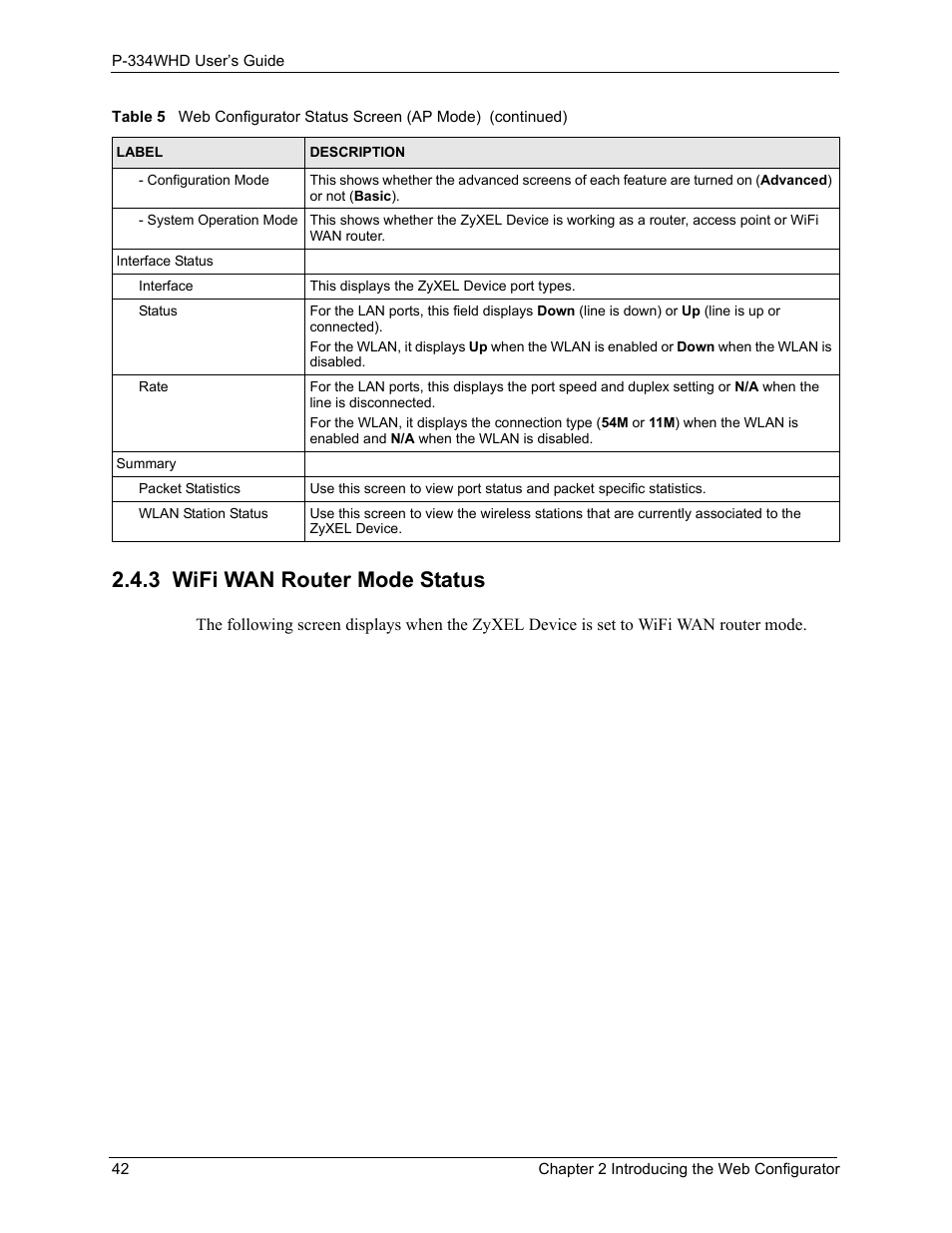 3 wifi wan router mode status | ZyXEL Communications P-334WHD User Manual | Page 42 / 300