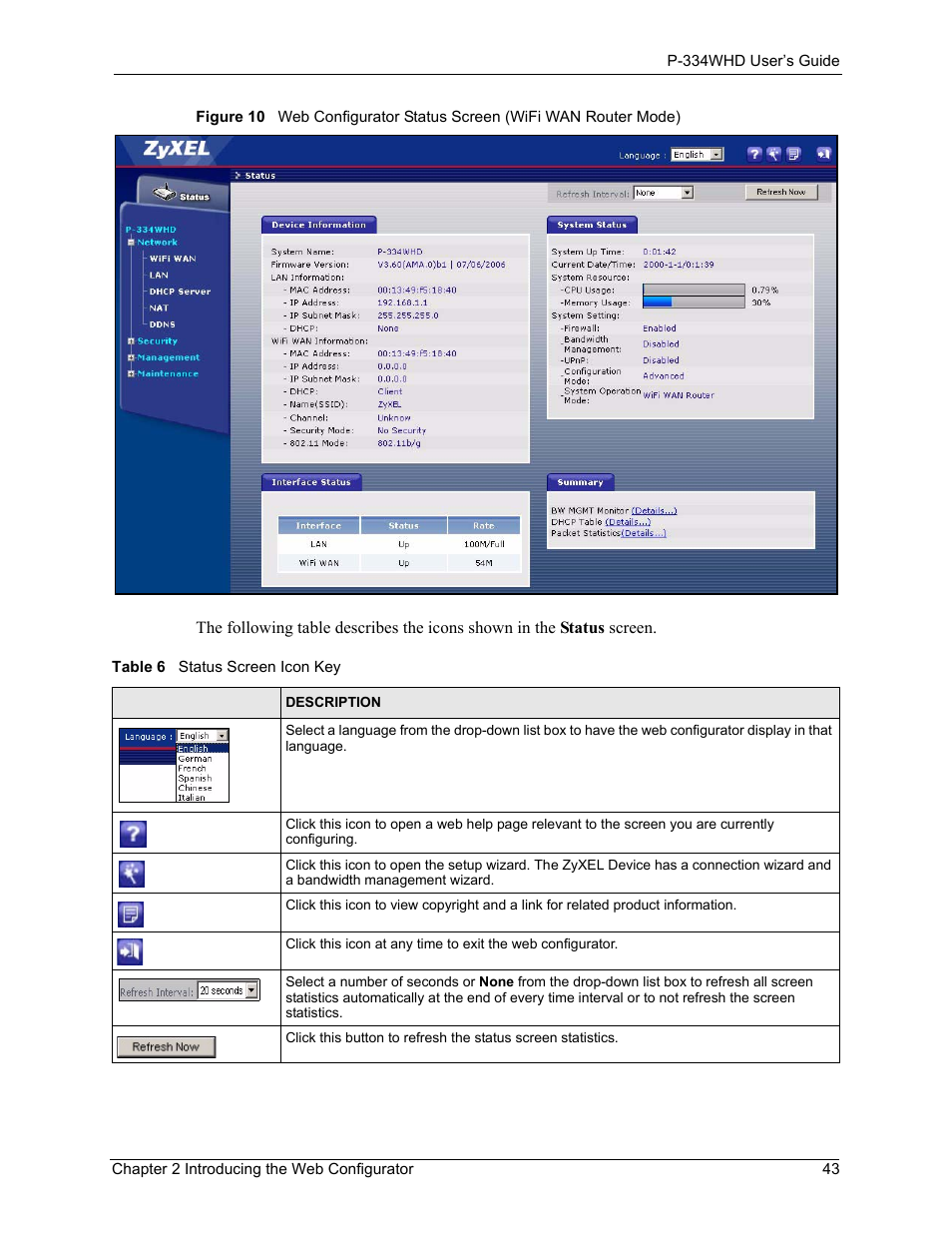 Table 6 status screen icon key | ZyXEL Communications P-334WHD User Manual | Page 43 / 300