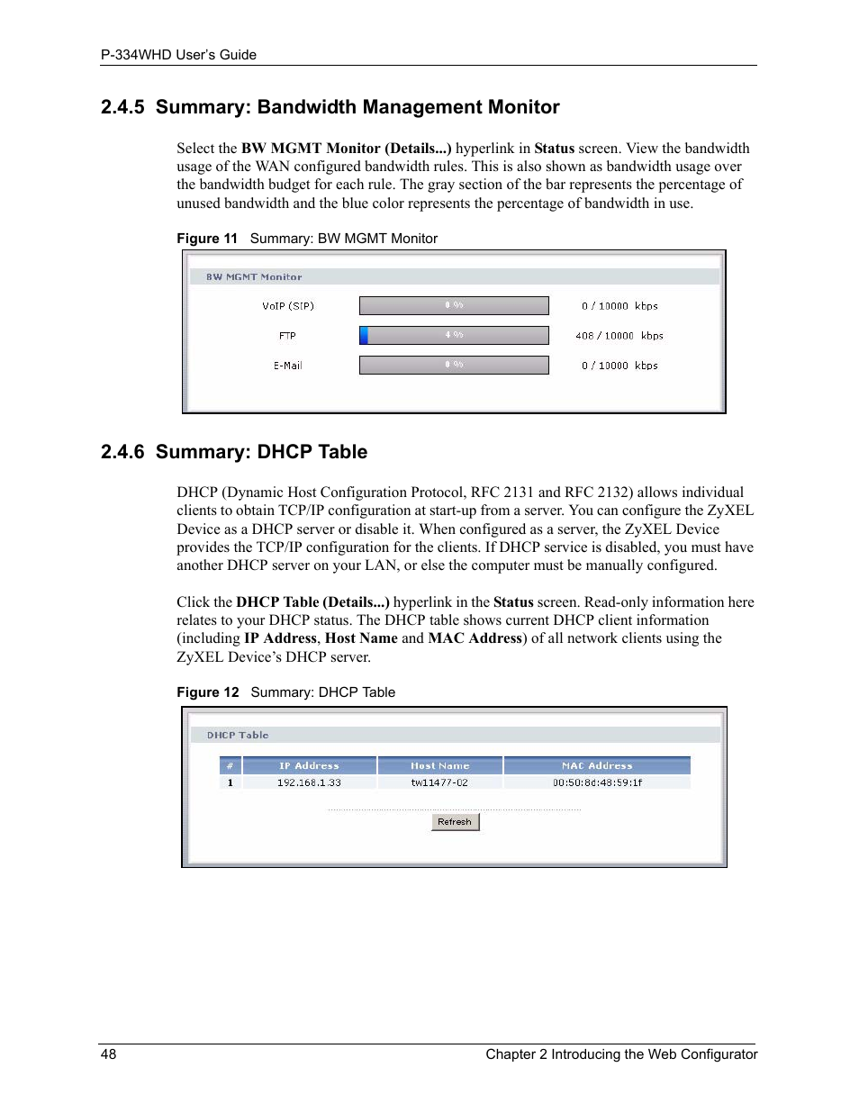 5 summary: bandwidth management monitor, 6 summary: dhcp table | ZyXEL Communications P-334WHD User Manual | Page 48 / 300