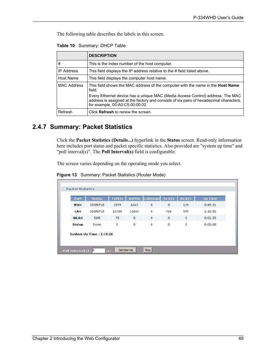 7 summary: packet statistics, Figure 13 summary: packet statistics (router mode), Table 10 summary: dhcp table | ZyXEL Communications P-334WHD User Manual | Page 49 / 300