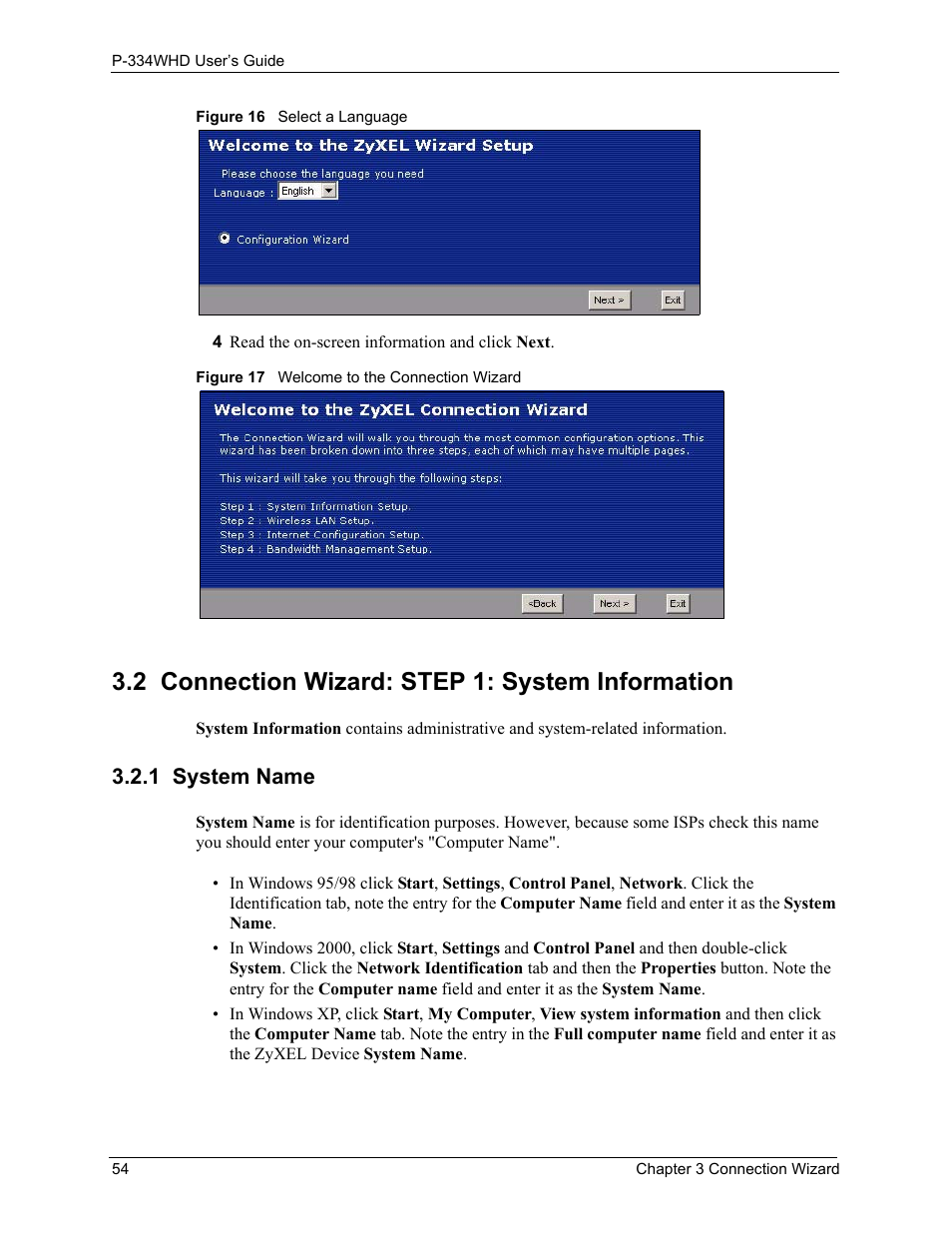 2 connection wizard: step 1: system information, 1 system name | ZyXEL Communications P-334WHD User Manual | Page 54 / 300