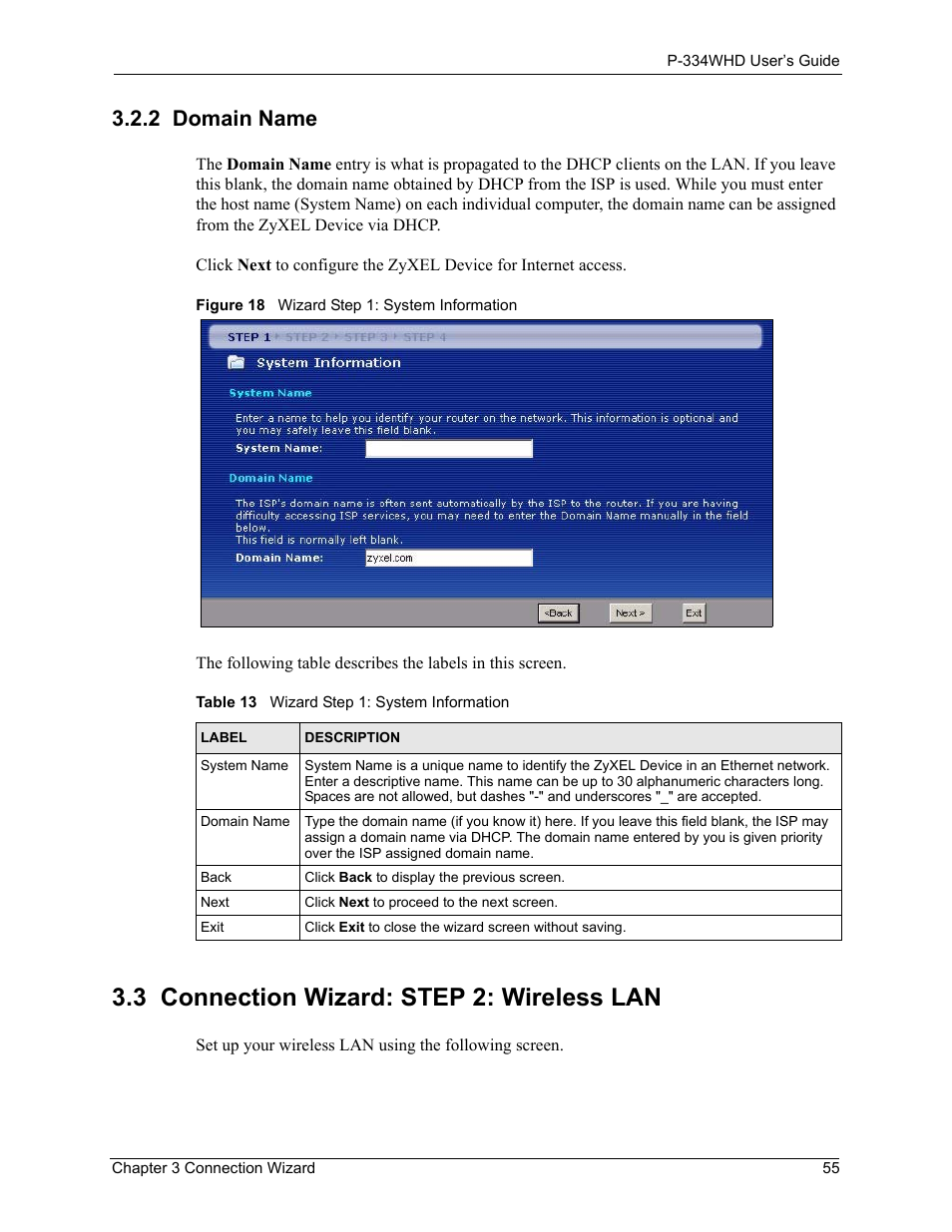 2 domain name, 3 connection wizard: step 2: wireless lan, Figure 18 wizard step 1: system information | Table 13 wizard step 1: system information | ZyXEL Communications P-334WHD User Manual | Page 55 / 300