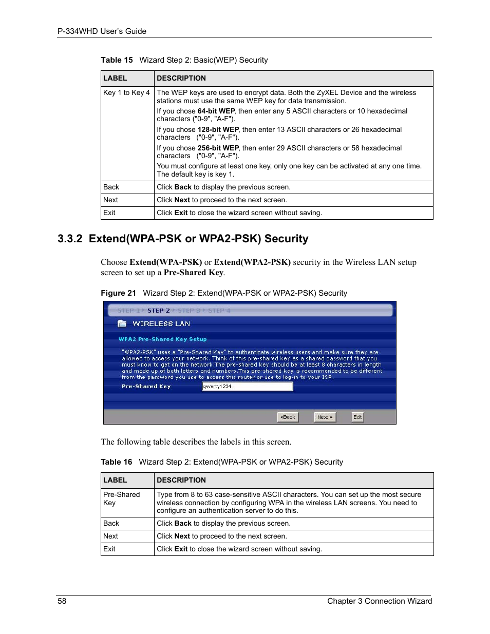 2 extend(wpa-psk or wpa2-psk) security | ZyXEL Communications P-334WHD User Manual | Page 58 / 300