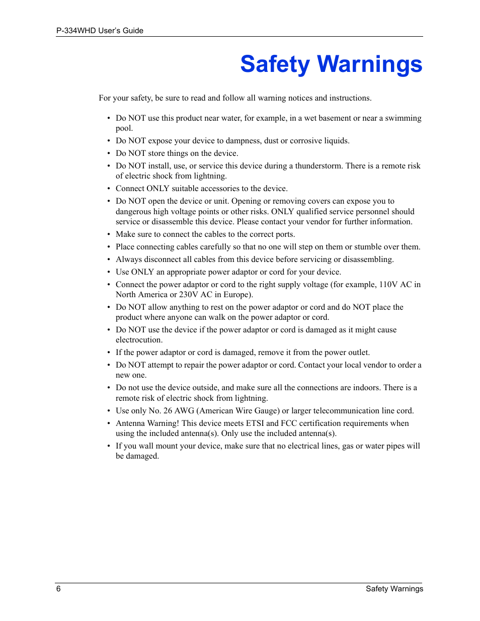 Safety warnings | ZyXEL Communications P-334WHD User Manual | Page 6 / 300