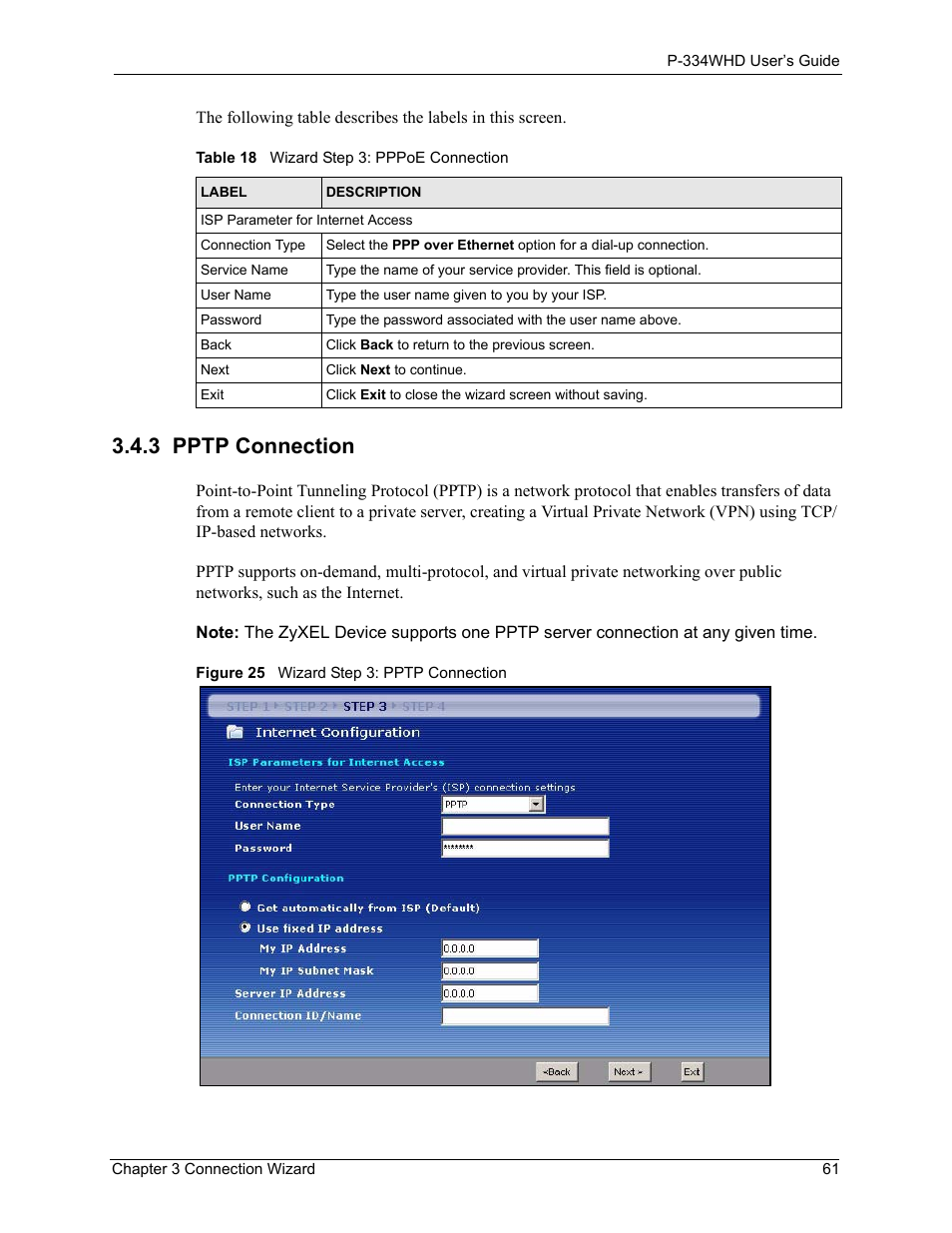 3 pptp connection, Figure 25 wizard step 3: pptp connection, Table 18 wizard step 3: pppoe connection | ZyXEL Communications P-334WHD User Manual | Page 61 / 300