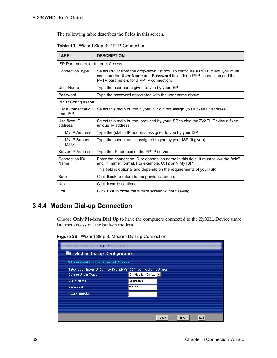 4 modem dial-up connection, Figure 26 wizard step 3: modem dial-up connection, Table 19 wizard step 3: pptp connection | ZyXEL Communications P-334WHD User Manual | Page 62 / 300