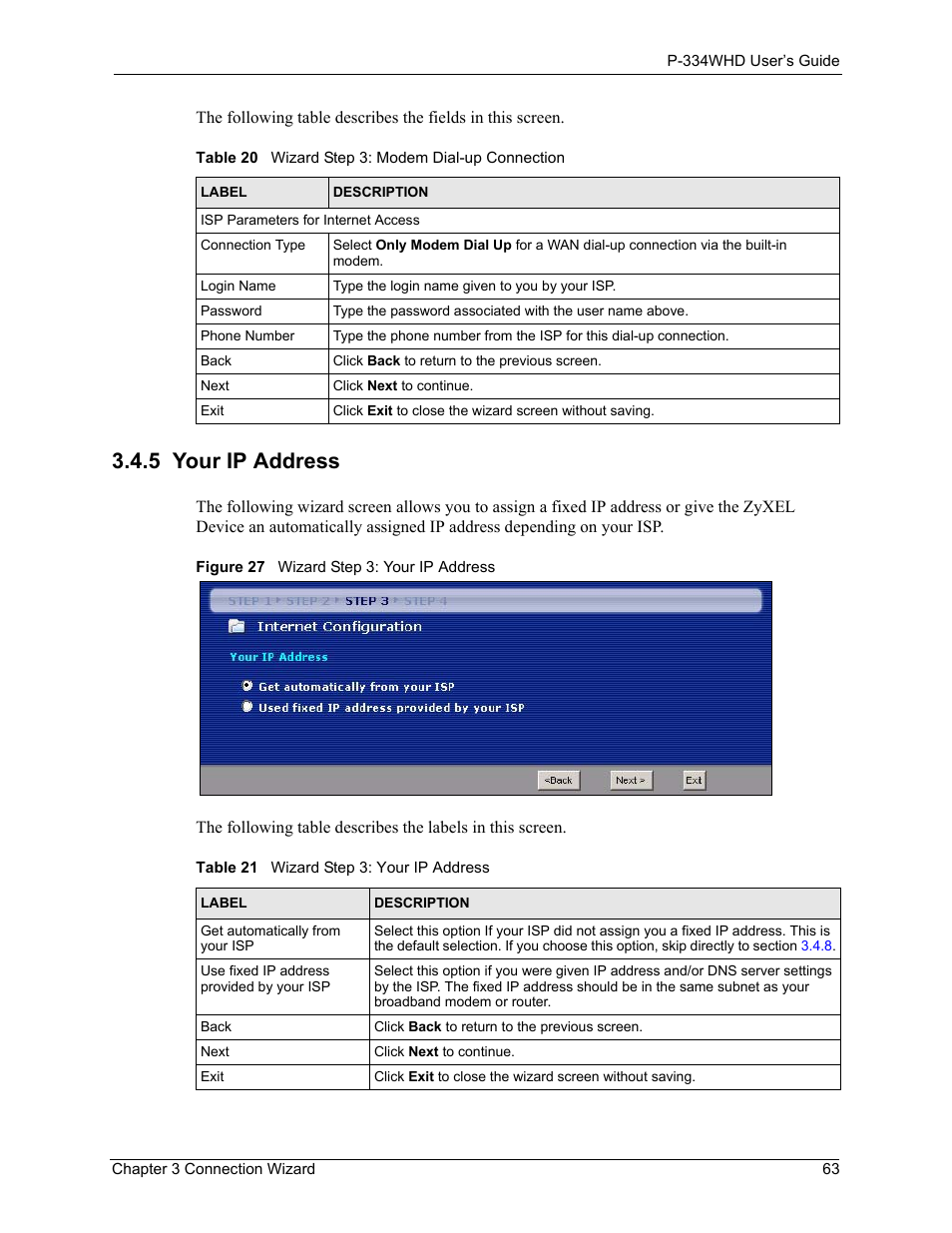 5 your ip address, Figure 27 wizard step 3: your ip address | ZyXEL Communications P-334WHD User Manual | Page 63 / 300