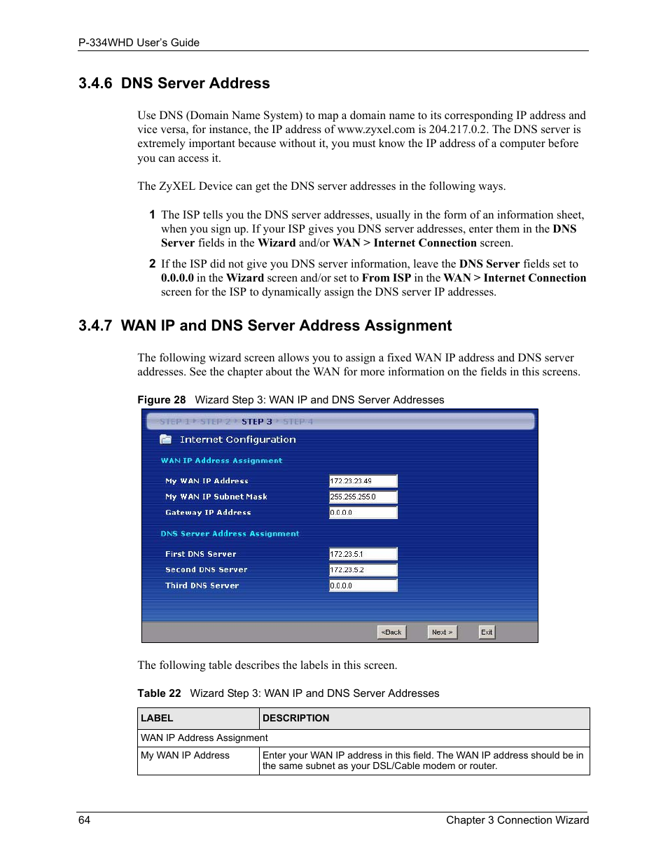 6 dns server address, 7 wan ip and dns server address assignment | ZyXEL Communications P-334WHD User Manual | Page 64 / 300