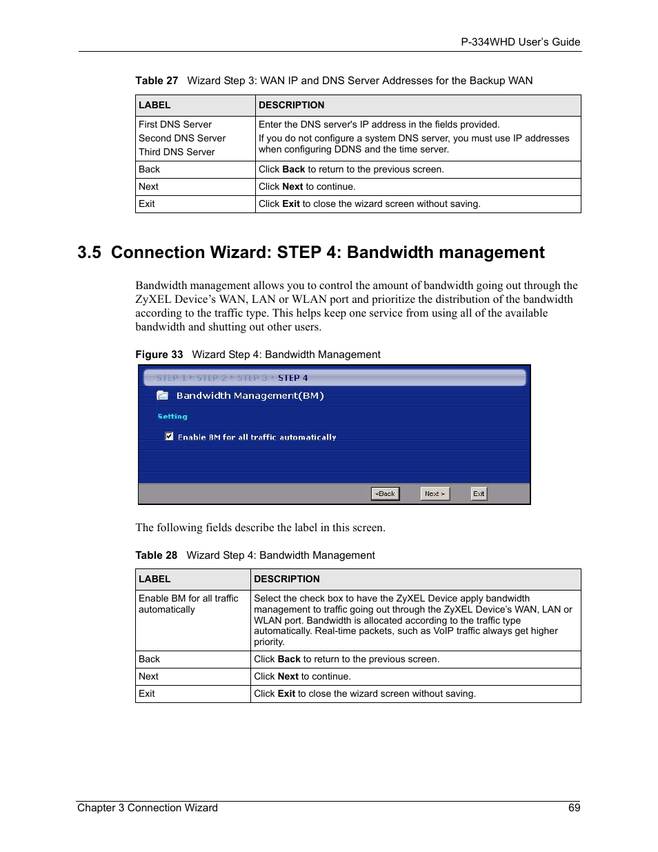 5 connection wizard: step 4: bandwidth management, Figure 33 wizard step 4: bandwidth management, Table 28 wizard step 4: bandwidth management | ZyXEL Communications P-334WHD User Manual | Page 69 / 300