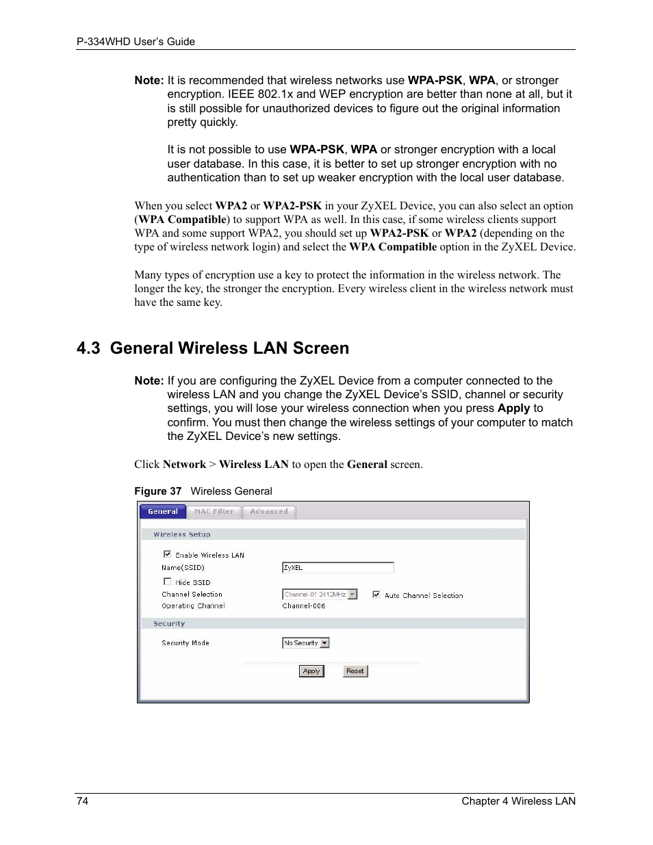 3 general wireless lan screen, Figure 37 wireless general | ZyXEL Communications P-334WHD User Manual | Page 74 / 300