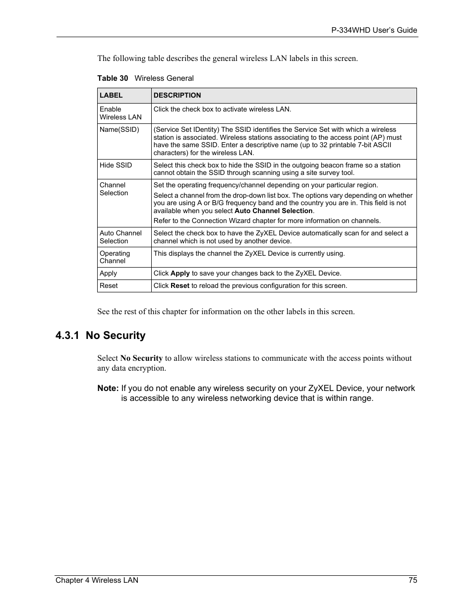 1 no security, Table 30 wireless general | ZyXEL Communications P-334WHD User Manual | Page 75 / 300