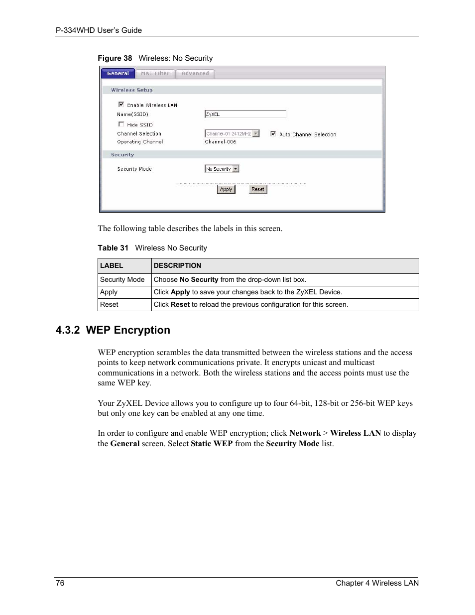 2 wep encryption, Figure 38 wireless: no security, Table 31 wireless no security | ZyXEL Communications P-334WHD User Manual | Page 76 / 300