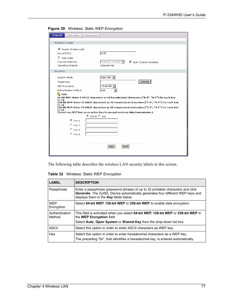Figure 39 wireless: static wep encryption, Table 32 wireless: static wep encryption | ZyXEL Communications P-334WHD User Manual | Page 77 / 300